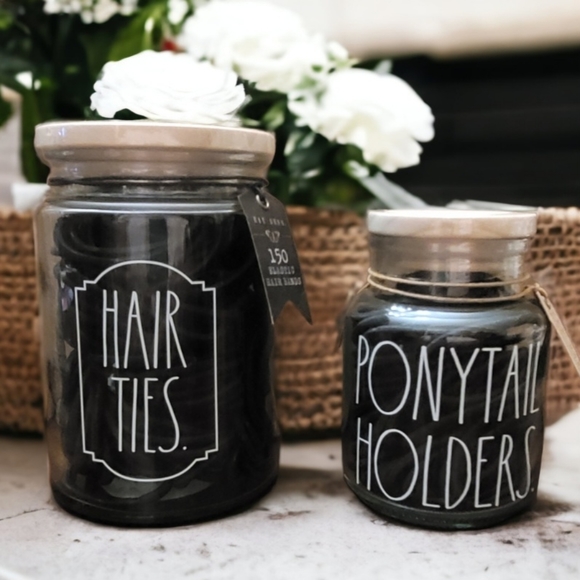 🆕️ Rae Dunn 80 and 150 Count Black Hair Ties Storage Jars - Picture 1 of 5